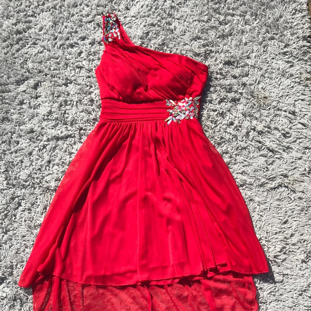 Red high-low one shoulder dress
